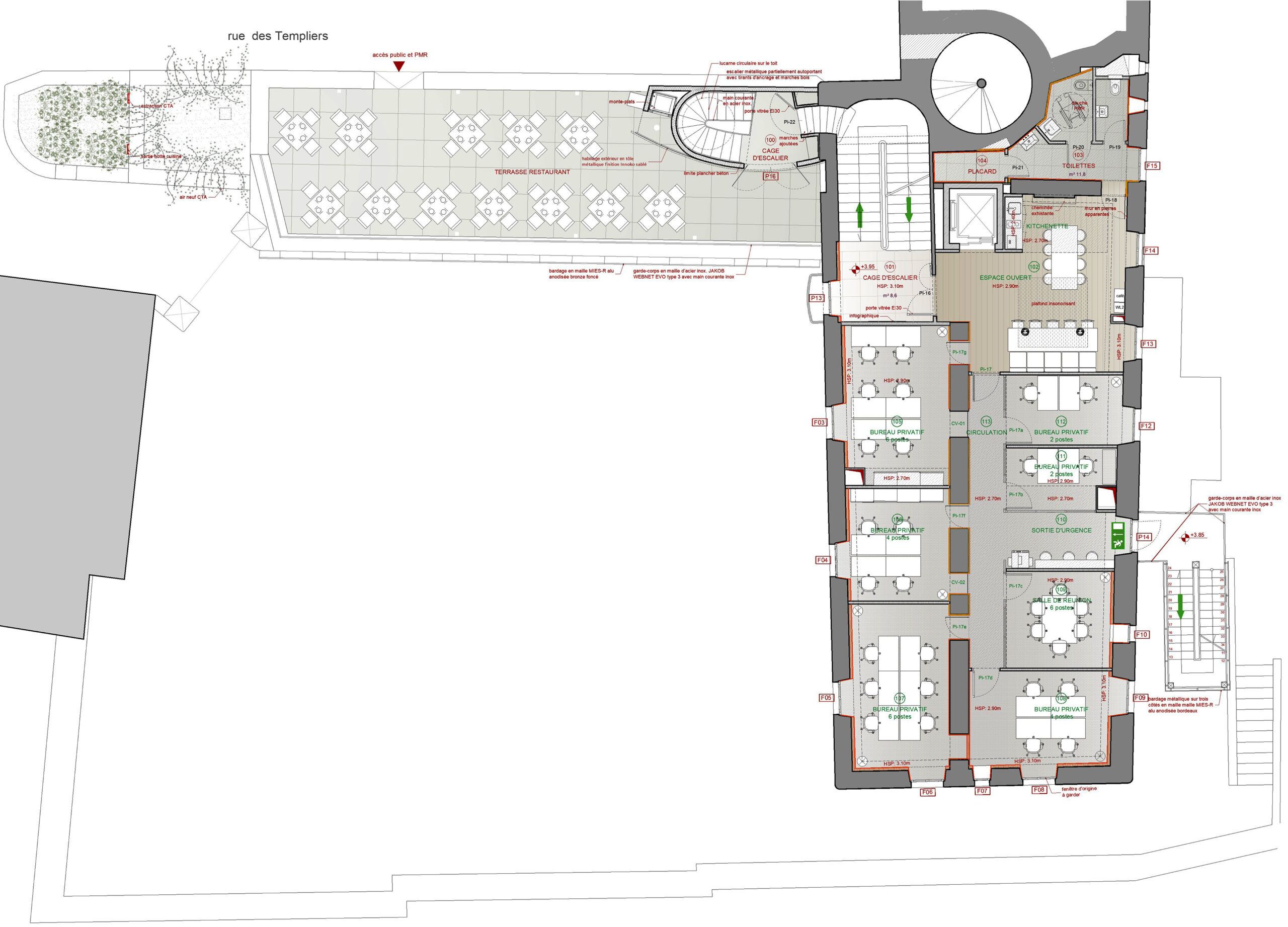 Plan du premier étage : bureaux, espace ouvert cuisine et terrasse supérieure du restaurant / Enrico Realacci Architectures - Restauration de l'ancien lycée, Belvès, 2023-25