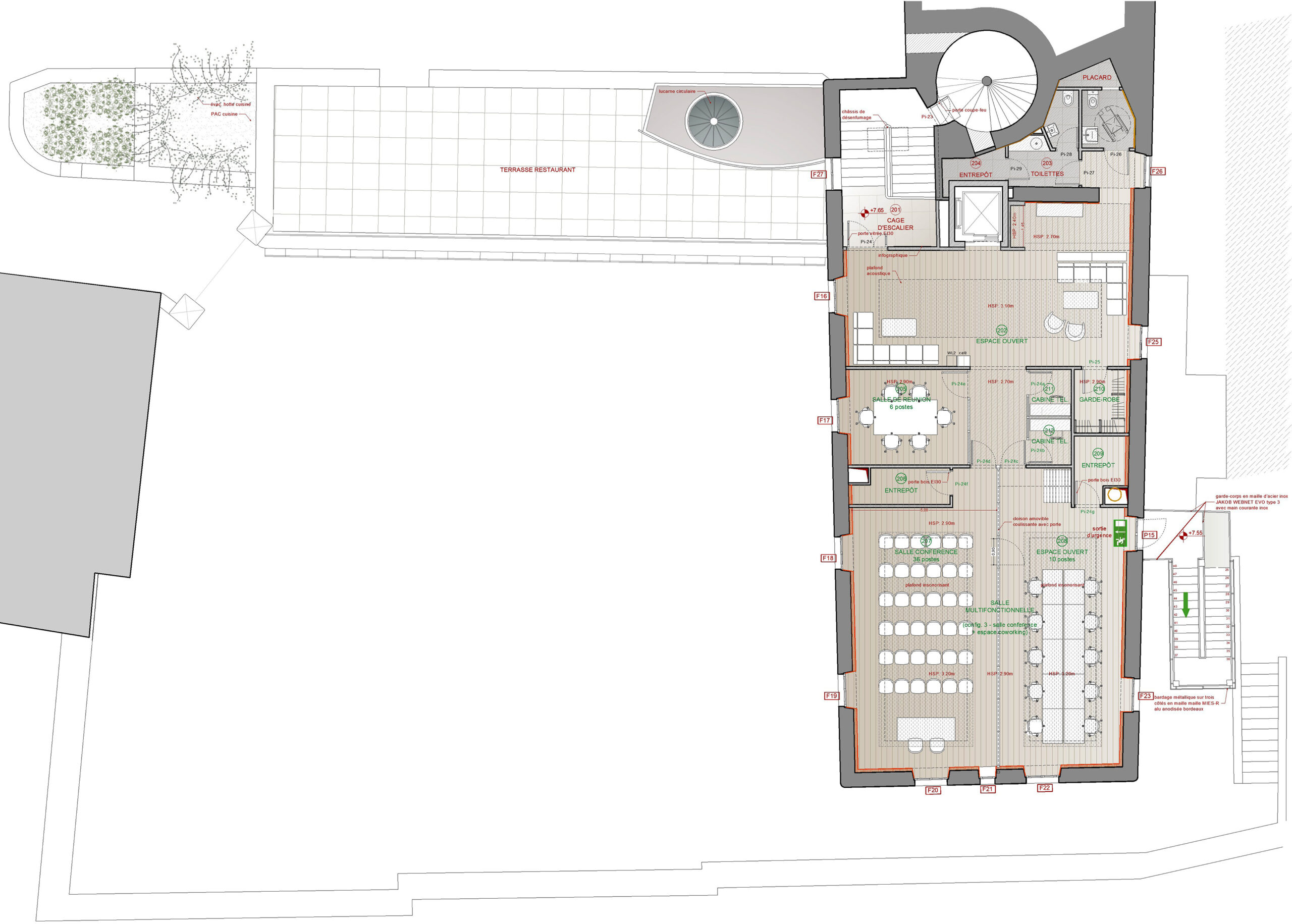 Plan du deuxième étage : salle polyvalente et espace ouvert accueil / détente / Enrico Realacci Architectures - Restauration de l'ancien lycée, Belvès, 2023-25