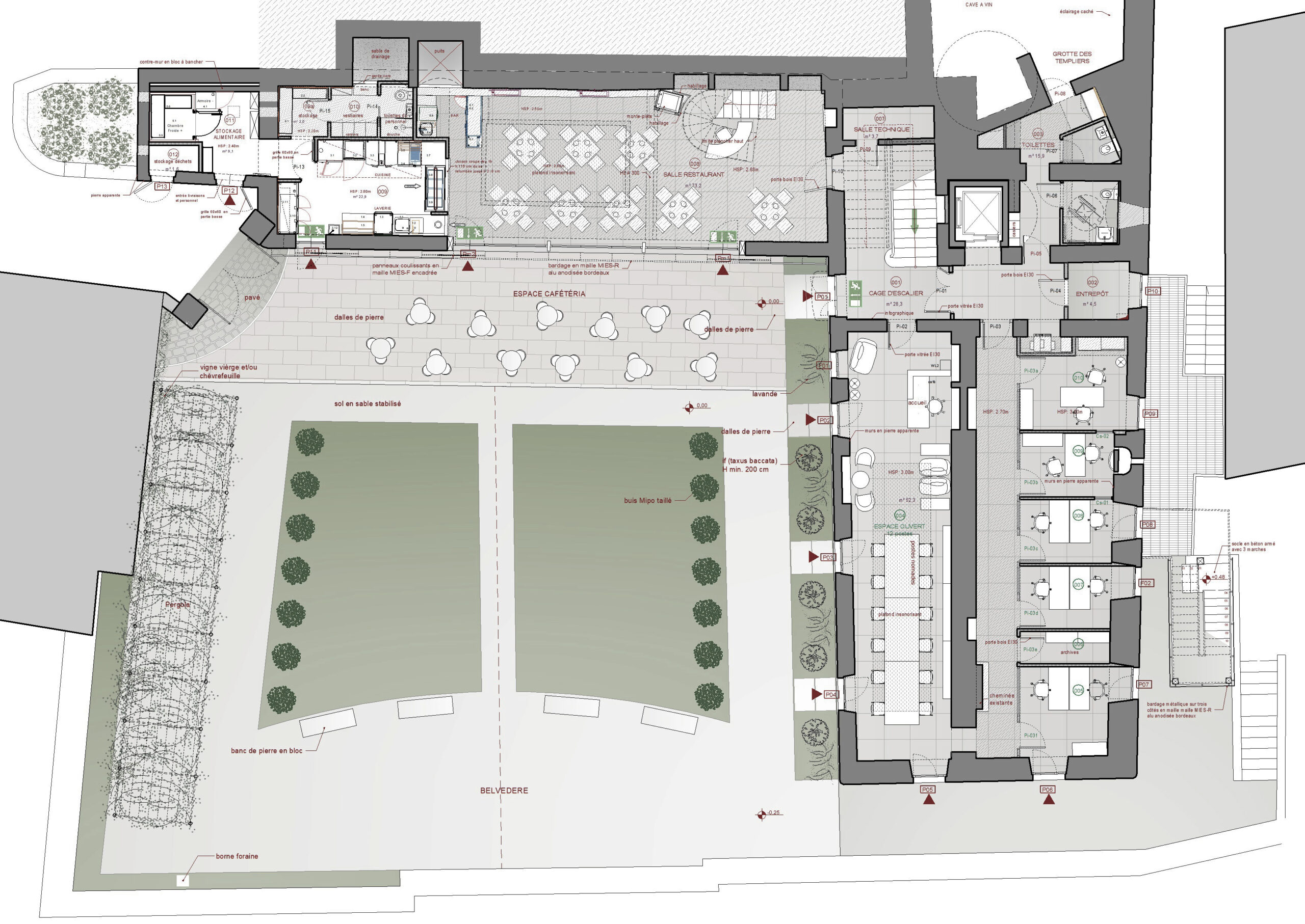 Plan général du rez-de-chaussée : coworking, restaurant, cour panoramique avec terrasse, jardin et pergola / Enrico Realacci Architectures - Restauration de l'ancien lycée, Belvès, 2023-25