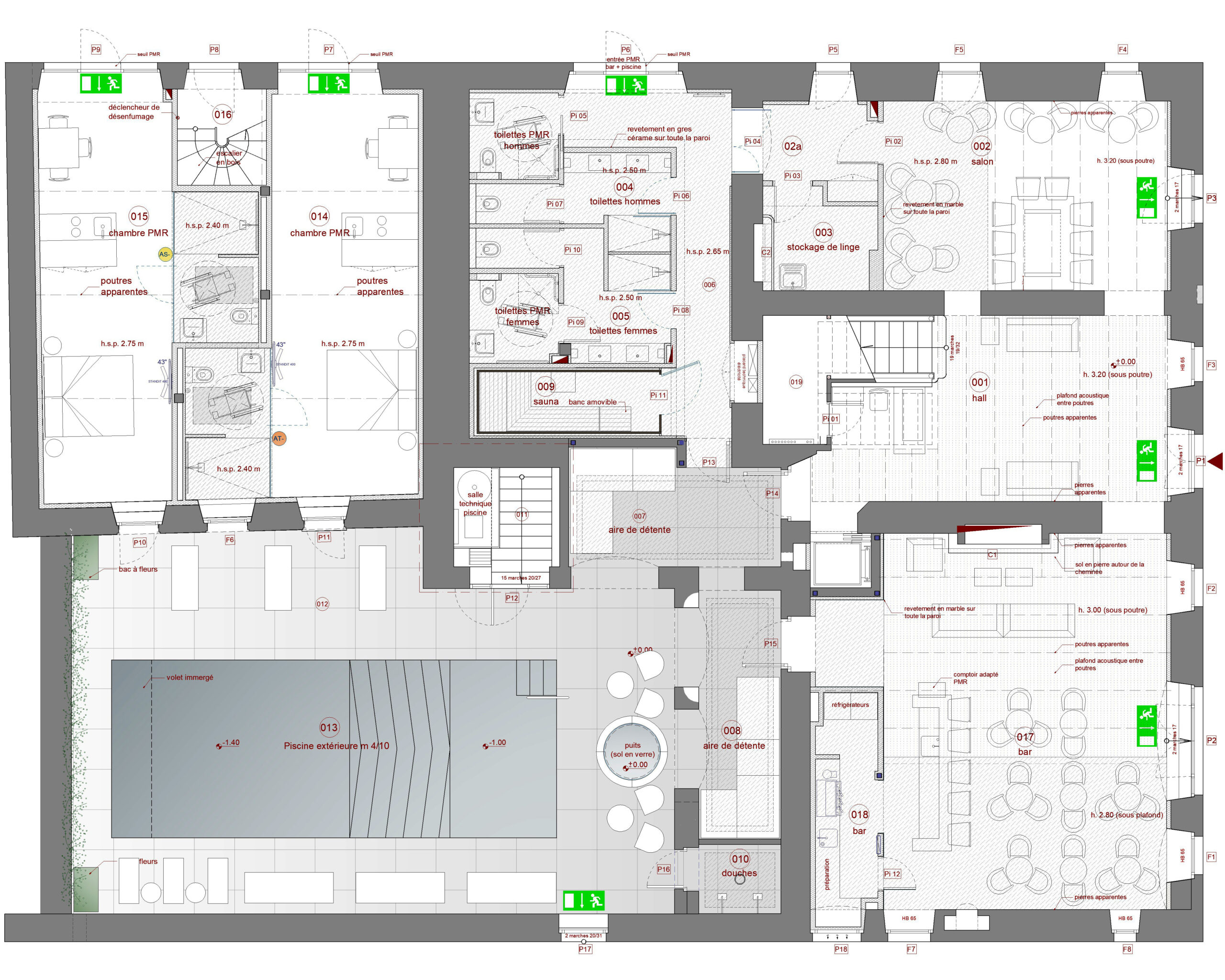 Plan du rez-de-chaussée avec réception, bar, piscine, spa et suites accessibles aux PMR / Enrico Realacci Architectures - hôtel