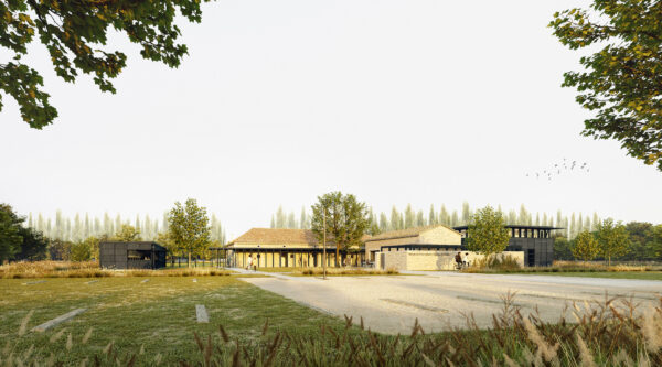 Vue extérieure / Perspectiviste Rosario Badesa - Lanoire Courrian architectes - Maison du PNR, Saint Laurent Médoc, livraison 2026