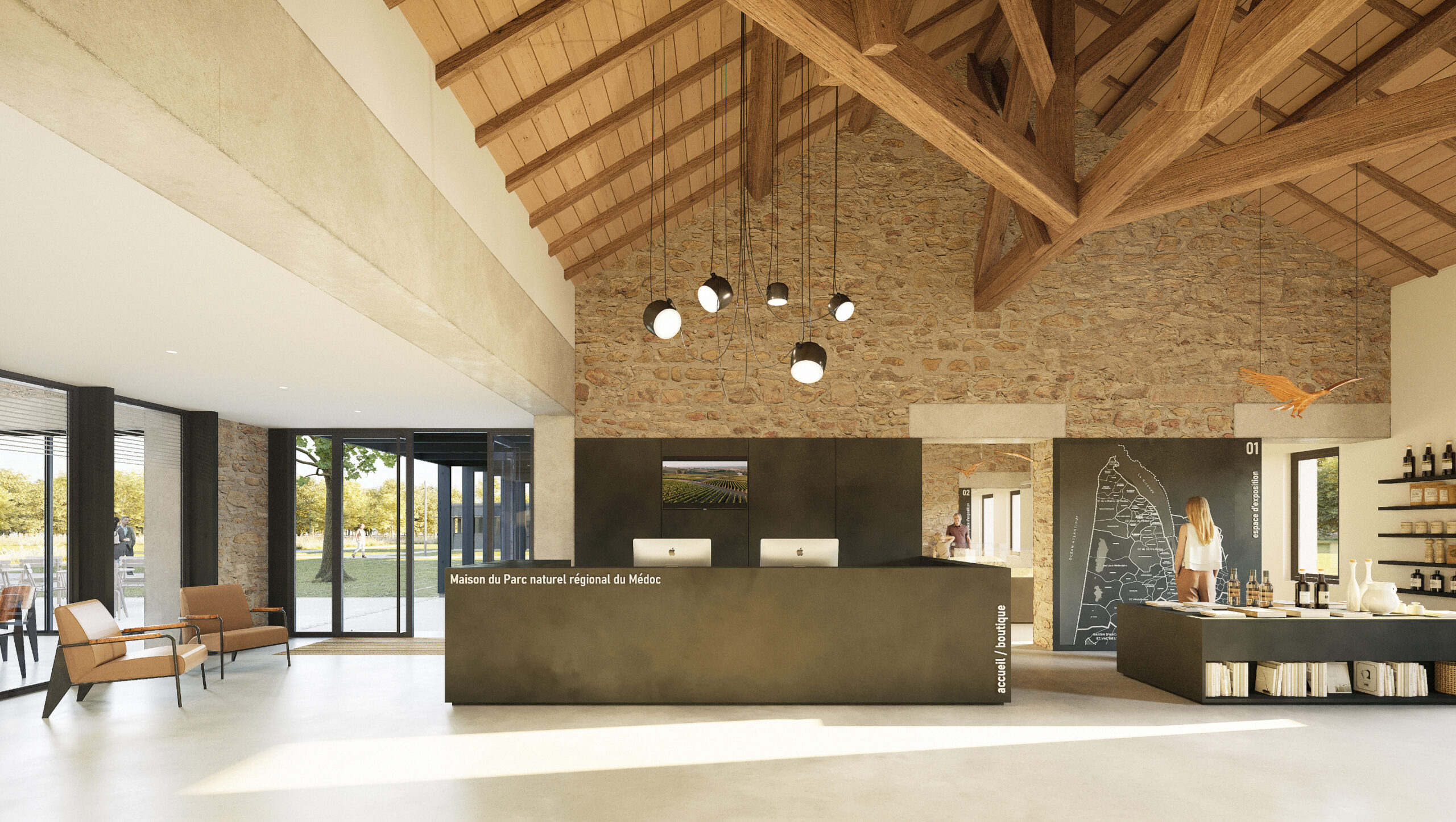 Vue intérieure / Perspectiviste Rosario Badesa - Lanoire Courrian architectes - Maison du PNR, Saint Laurent Médoc, livraison 2026