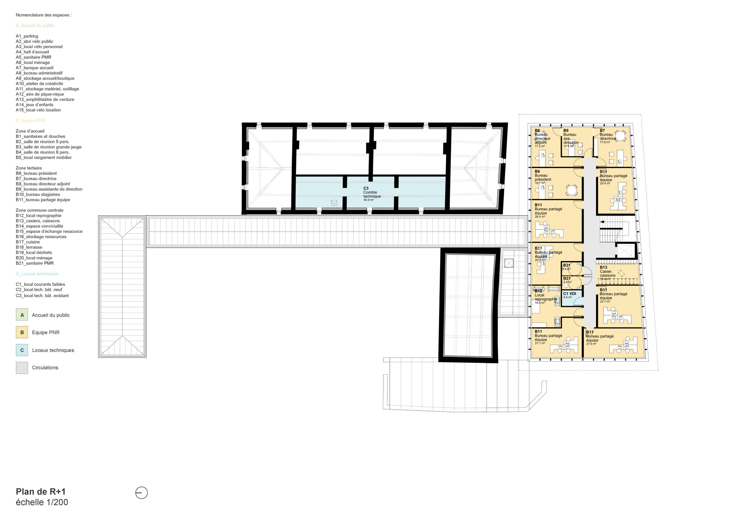 Plan R+1 / Lanoire Courrian architectes - Maison du PNR, Saint Laurent Médoc, livraison 2026