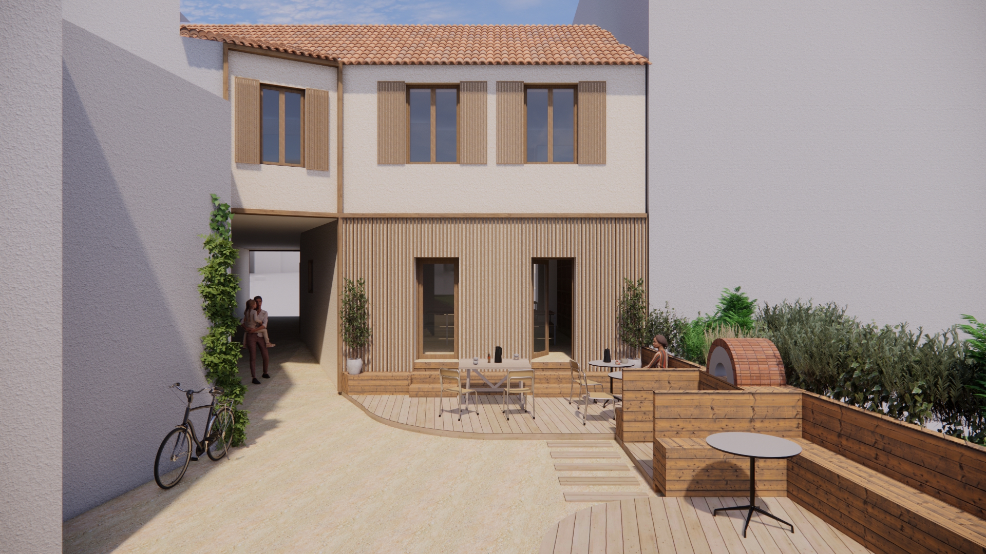 Vue depuis la cour intérieure - la terrasse à l'ouest permettra au tiers-lieu de proposer un service et des ateliers extérieurs / CAA