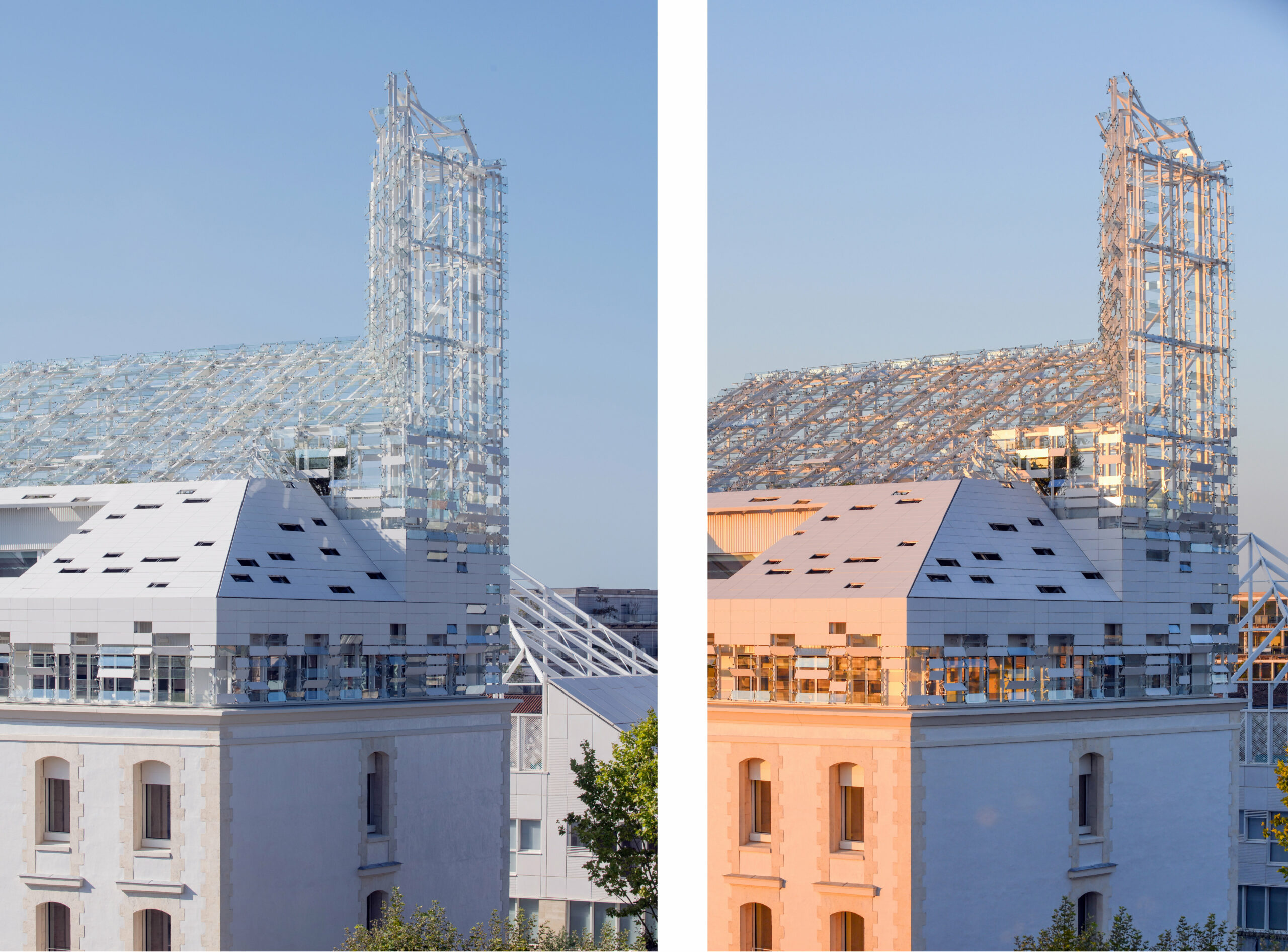 Cette enveloppe blanche vibre au rythme des saisons et des heures de la journée. / A. GILBERT Photographe – GUIRAUD-MANENC Architecture – ESSCA Bordeaux, 2023.