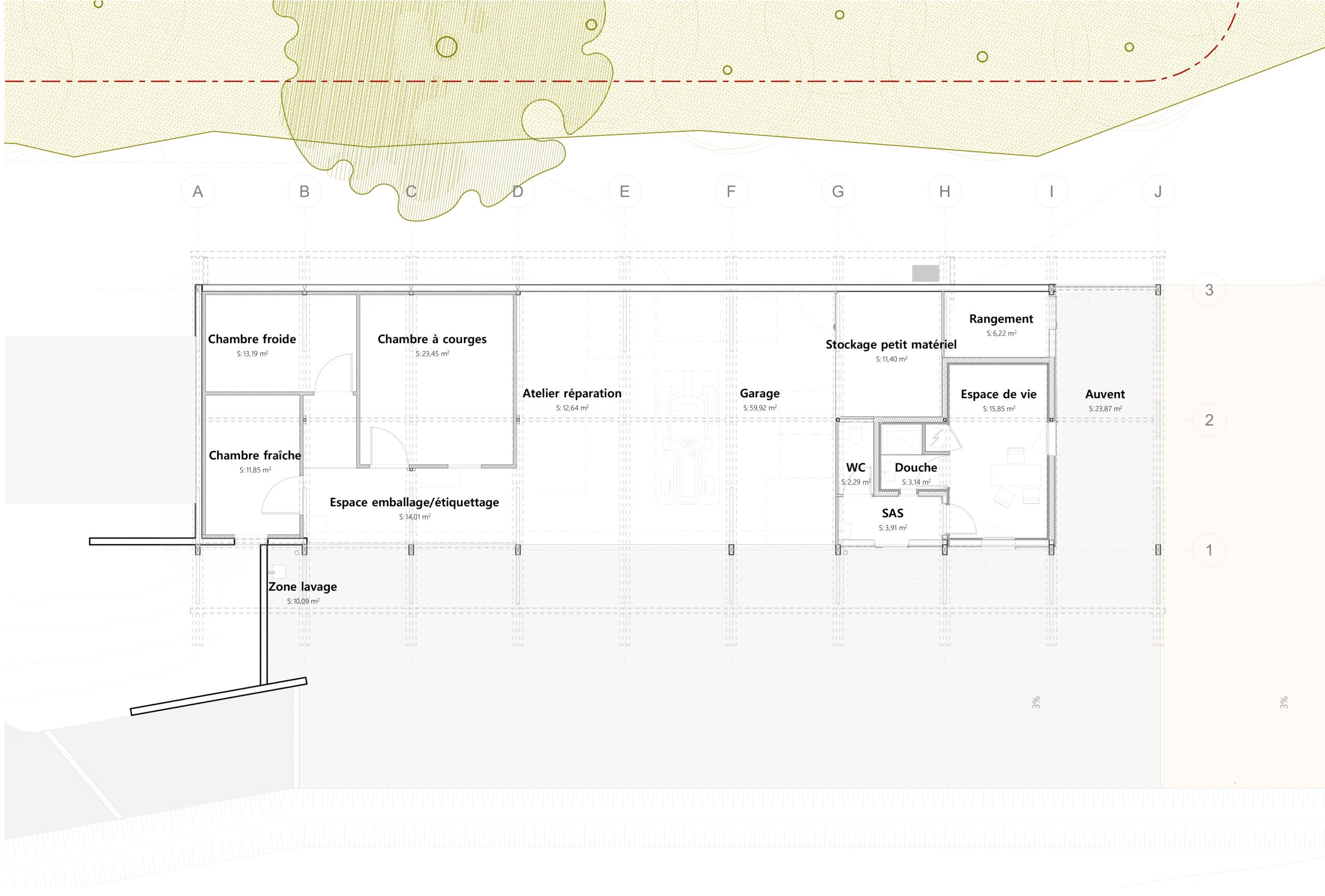 Plan du rez-de-chaussée du hangar agricole / Agence d'architecture 44AVRIL - Agrizarbel, Bidart, 2025