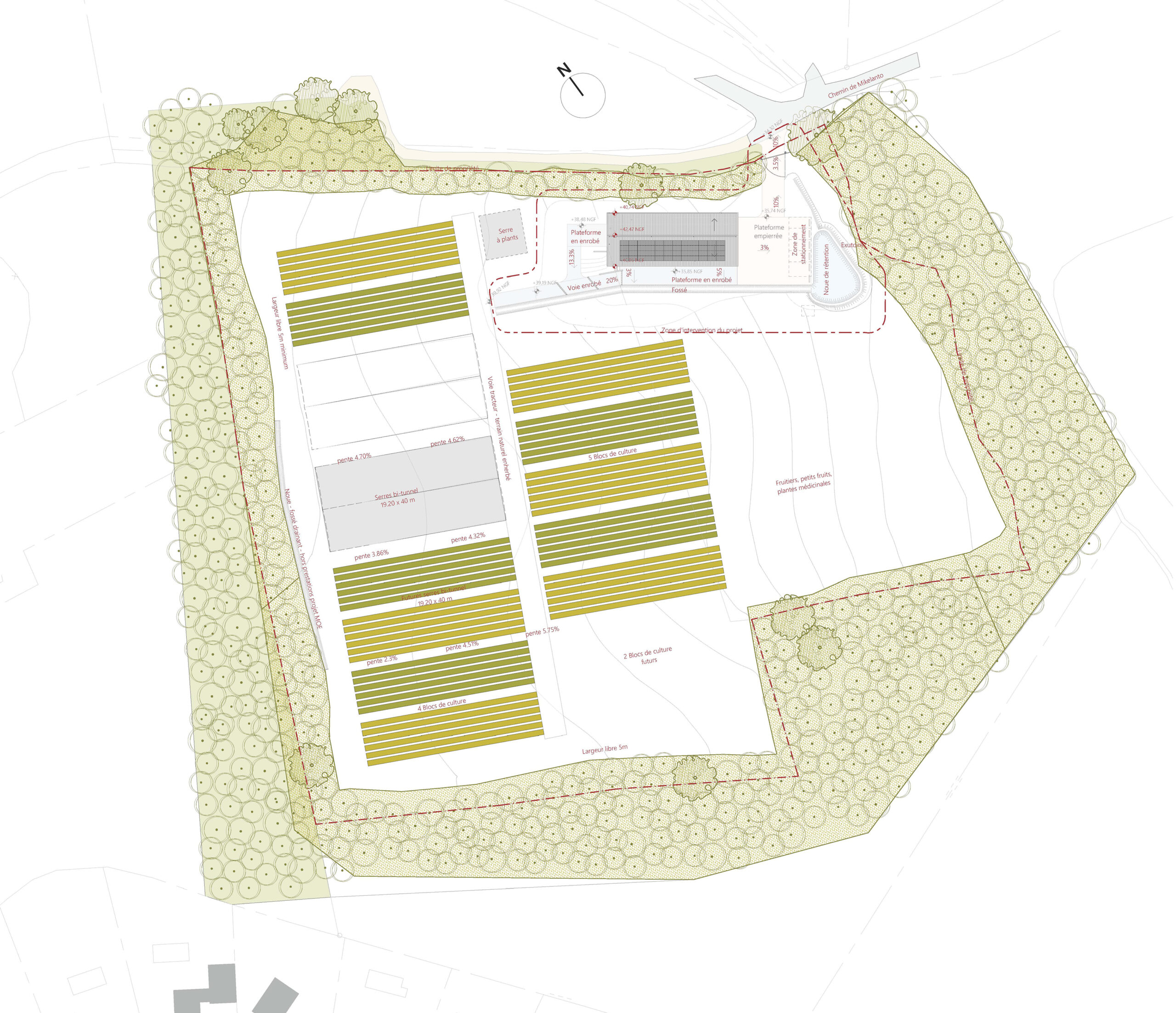 Plan de masse de l'exploitation de maraichage / Agence 44AVRIL - Agrizarbel, Bidart, 2025.