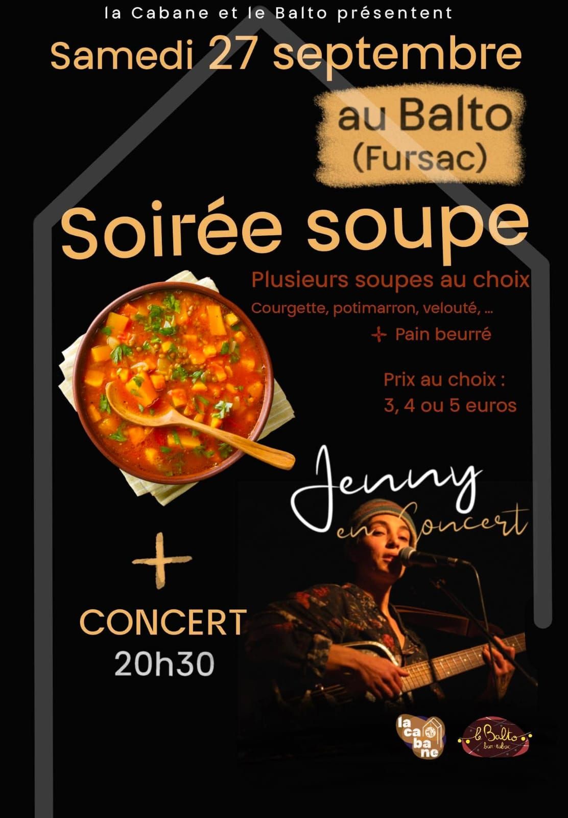 Affiche soirée soupe et concert / La Cabane