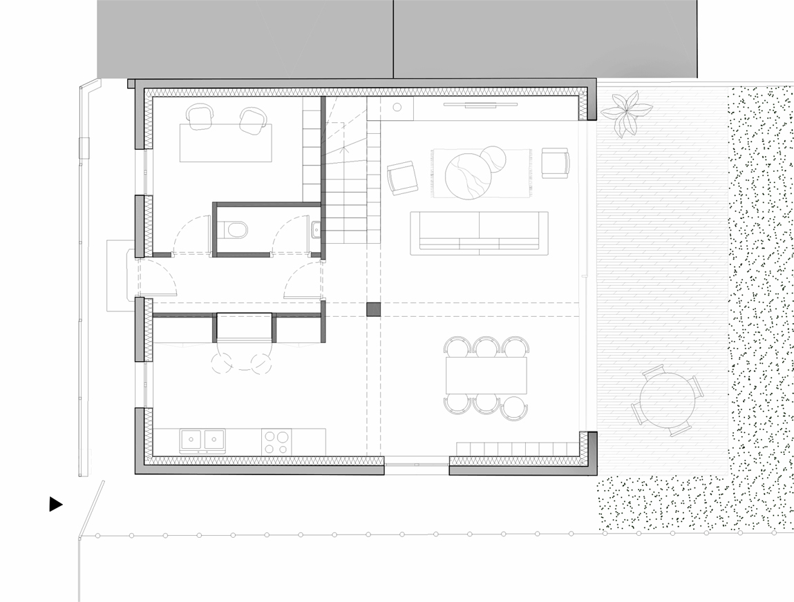 plan RDC / Asné Architecture - Surélévation d'une échoppe, Bègles, 2025.