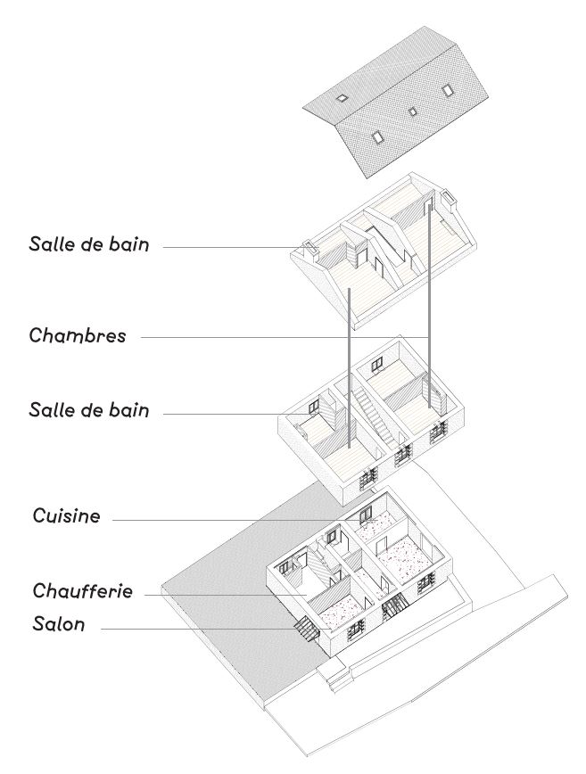 Axonométrie de l'existant / Laurent NAUD - ATELIER CUCULOURDAIS / LAURENTNAUD Architecte - Réhabilitation biodynamique d'une maison creusoise_2023