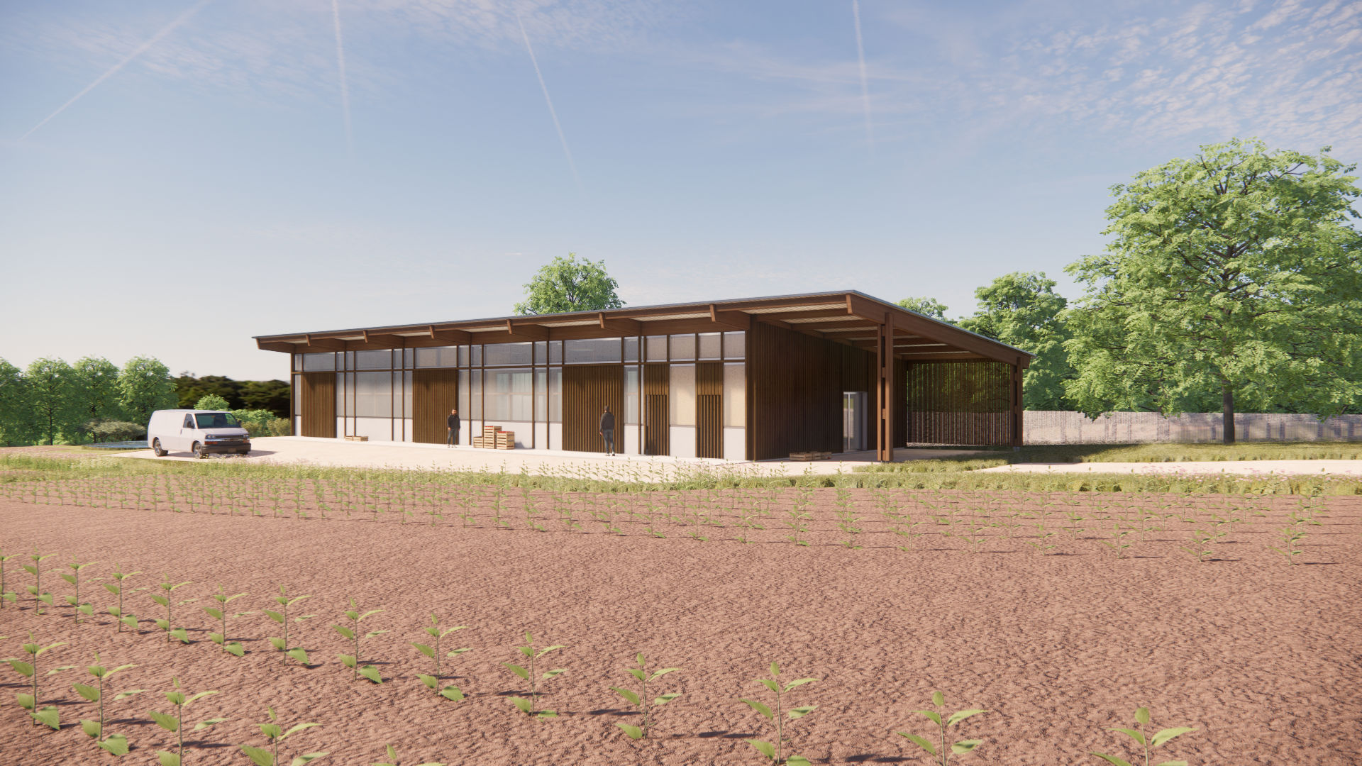 Vue du pignon Ouest / Agence d'architecture 44AVRIL - Ferme maraichère municipale ERROBERRI, Bidart, 2025.