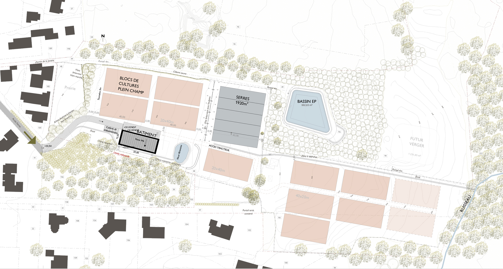 Plan d'aménagement de la ferme maraichère municipale / Agence d'architecture 44AVRIL - Ferme maraichère municipale ERROBERRI, Bidart, 2025