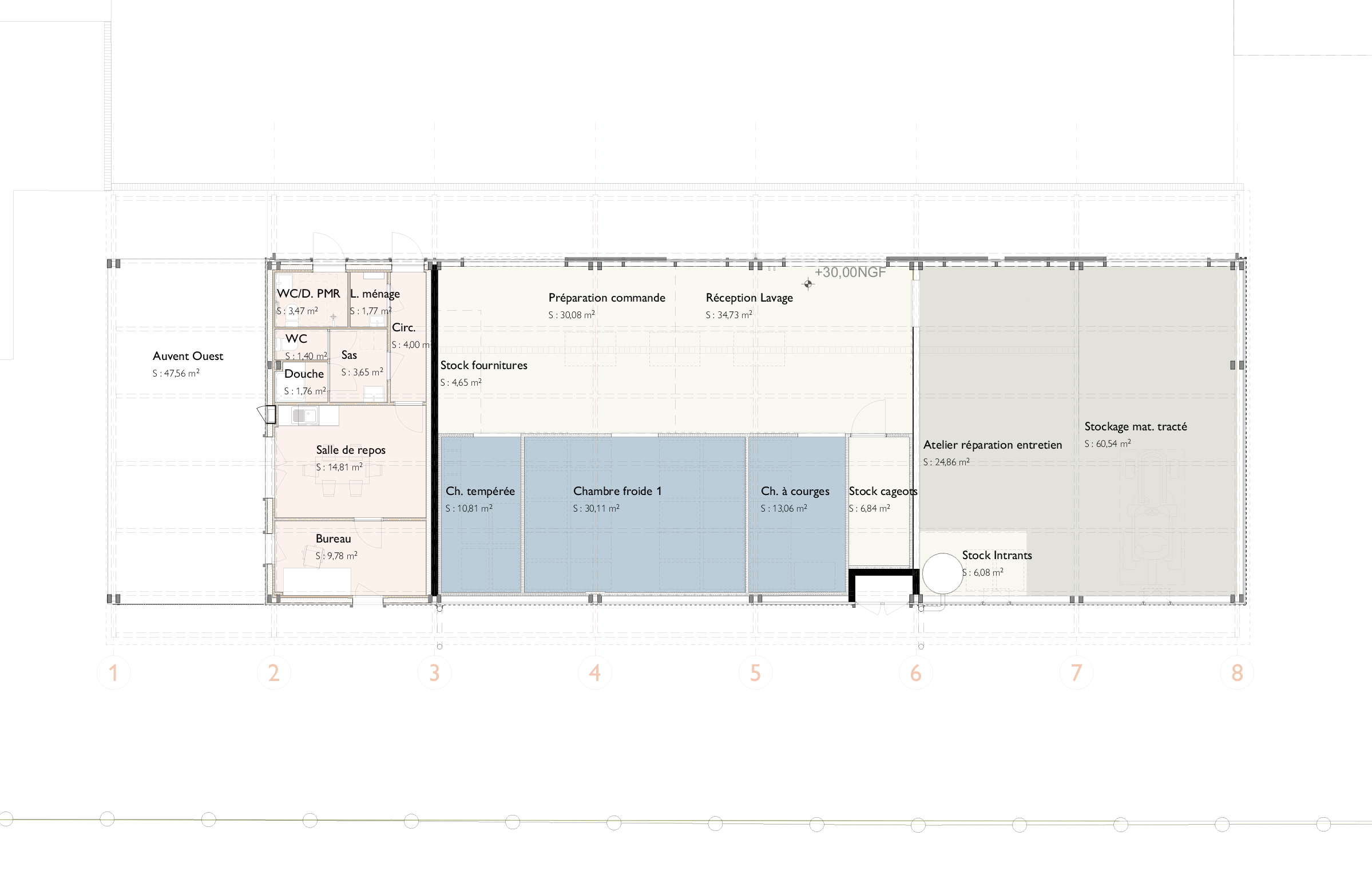 Plan du rez-de-chaussée du hangar agricole / Agence d'architecture 44AVRIL - Ferme maraichère municipale ERROBERRI, Bidart, 2025