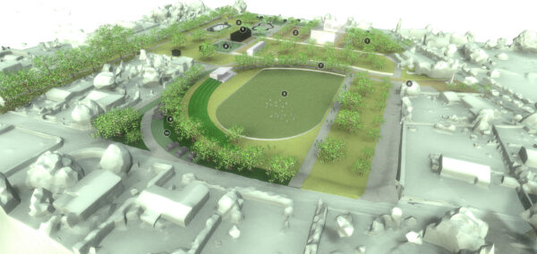 Maquette 3D du projet en phase étude / SARL MODEL, Plaine de Jeux, Saint-Saturnin-du-Bois, 2024