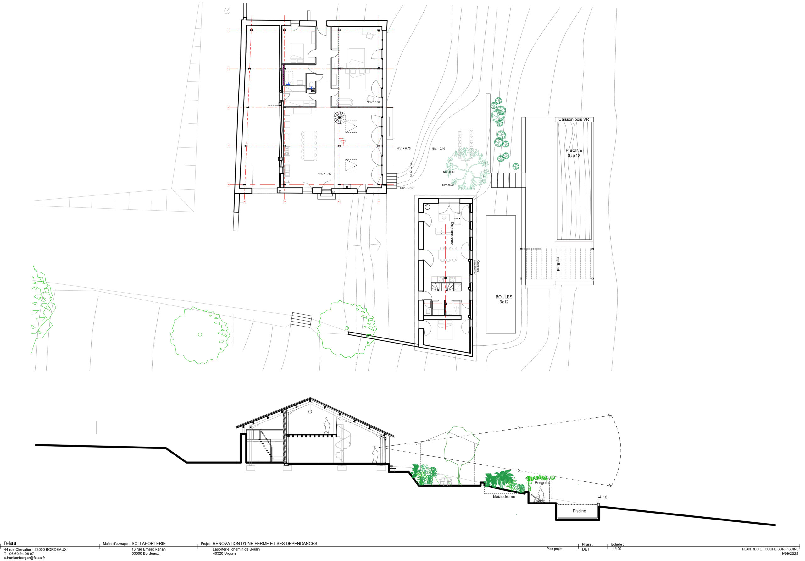 Plan RDC et coupe sur terrain / felaa