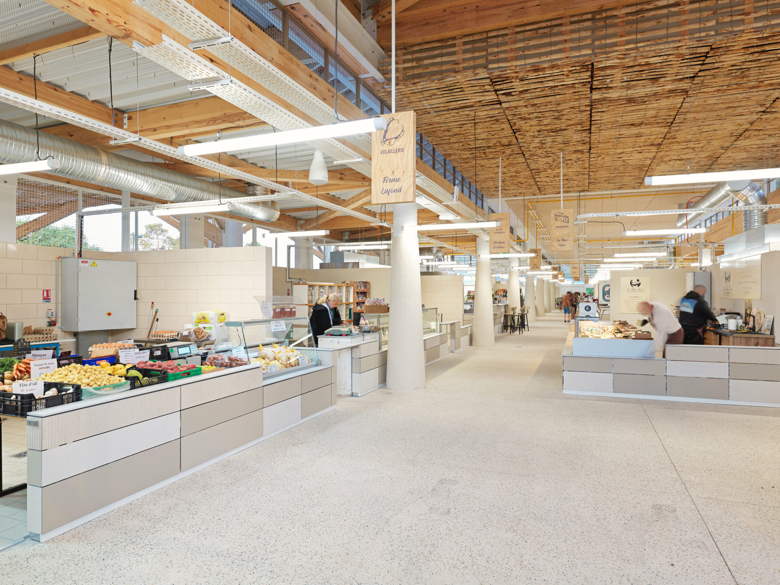 Des stands conçus en open space pour une halle de marché ouverte et lumineuse . / Mathieu Choiselat Photographie – GUIRAUD-MANENC Architecture – Marché Capbreton, 2025.