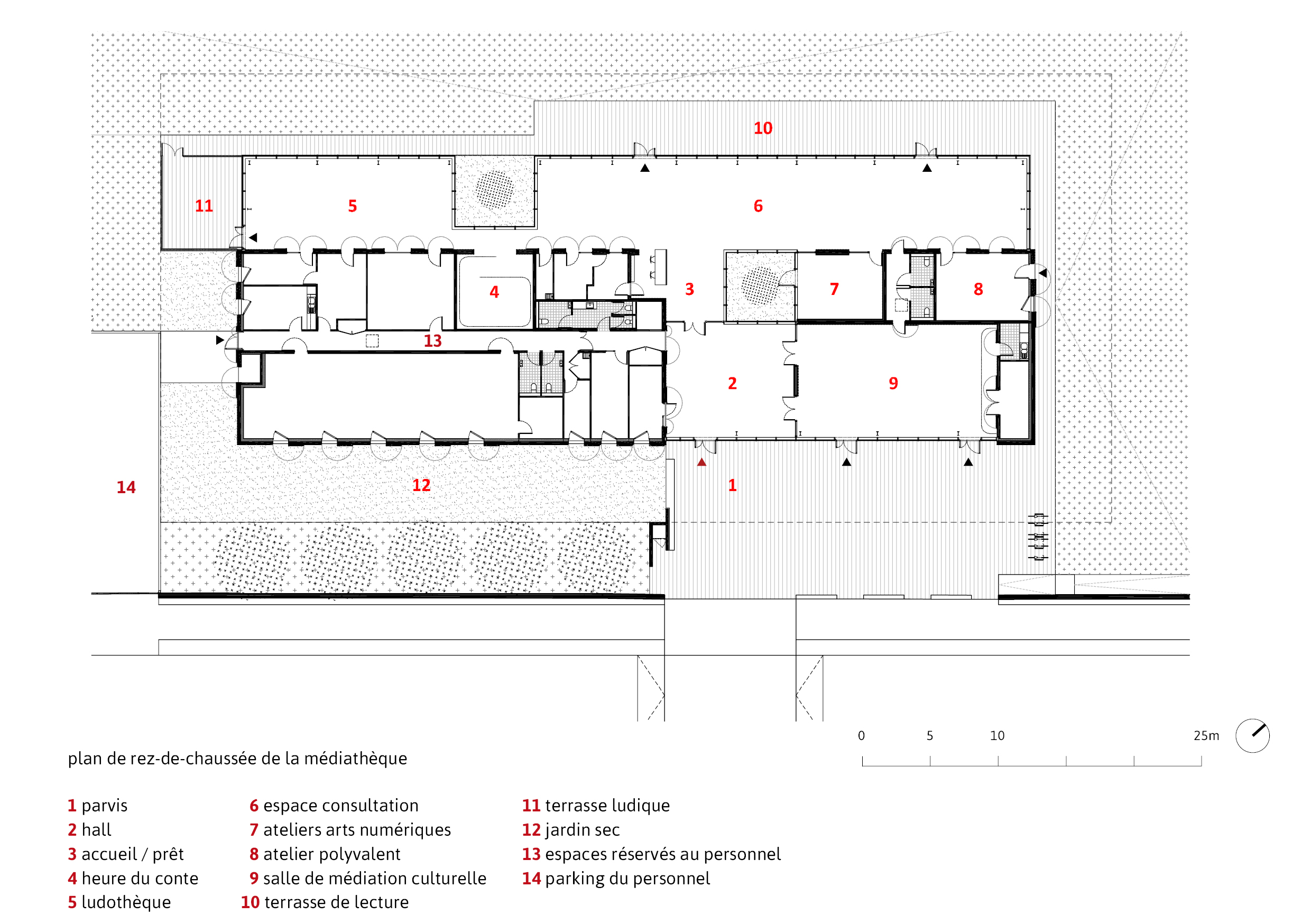 Plan de rez-de-chaussée du bâtiment médiathèque / Marjan Hessamfar et Joe Vérons architectes – Pôle culturel et festif BOMA, Saint-Denis-de-Pile, 2021