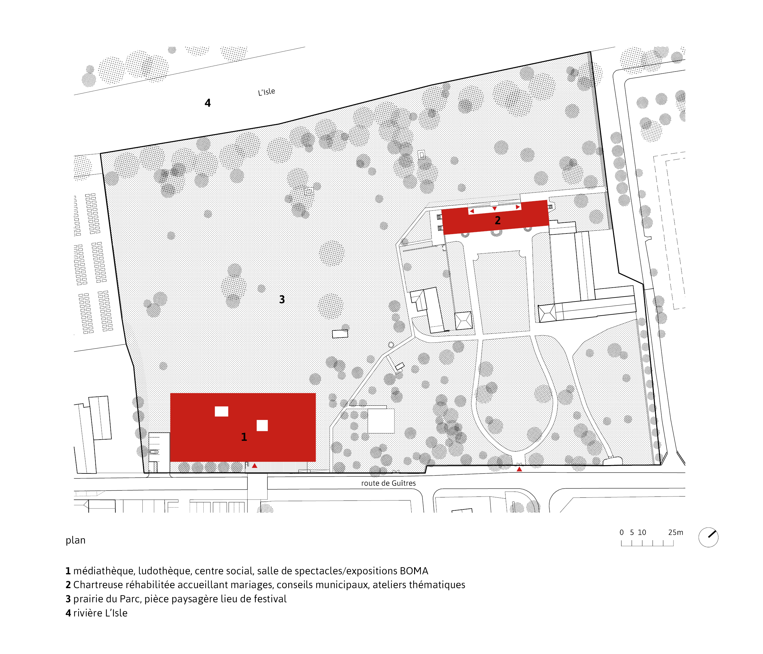 Plan masse / Marjan Hessamfar et Joe Vérons architectes – Pôle culturel et festif BOMA, Saint-Denis-de-Pile, 2021