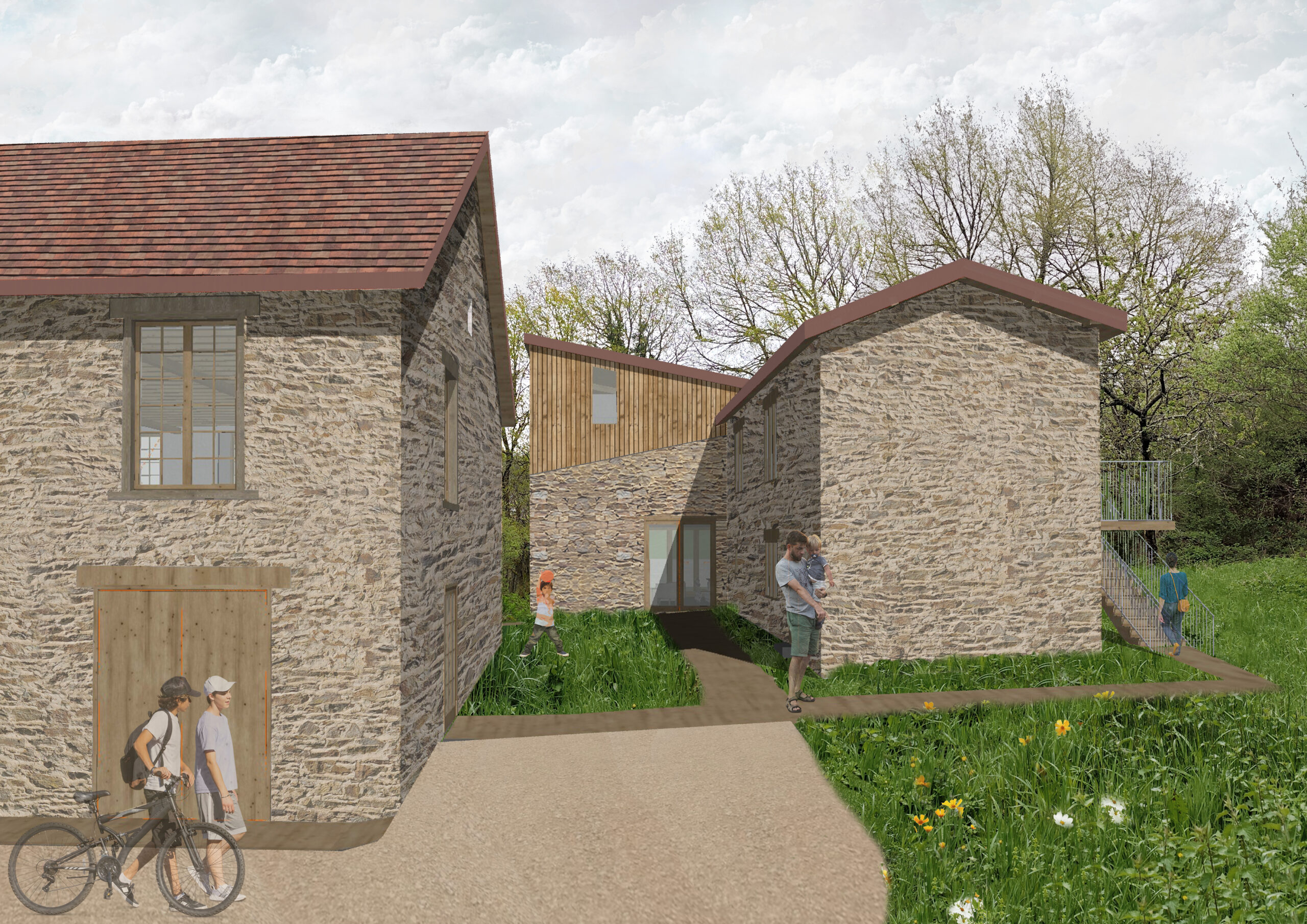 Vue projet de la Filature, la Maison Bleue et la Grange / Jeanne Garcia - Réhabiliter un site rural en Limousin Tourisme durable, paysage et architecture vernaculaire à Saint-Éloy-les-Tuileries, Saint-Eloy-les-Tuileries, Juin 2025