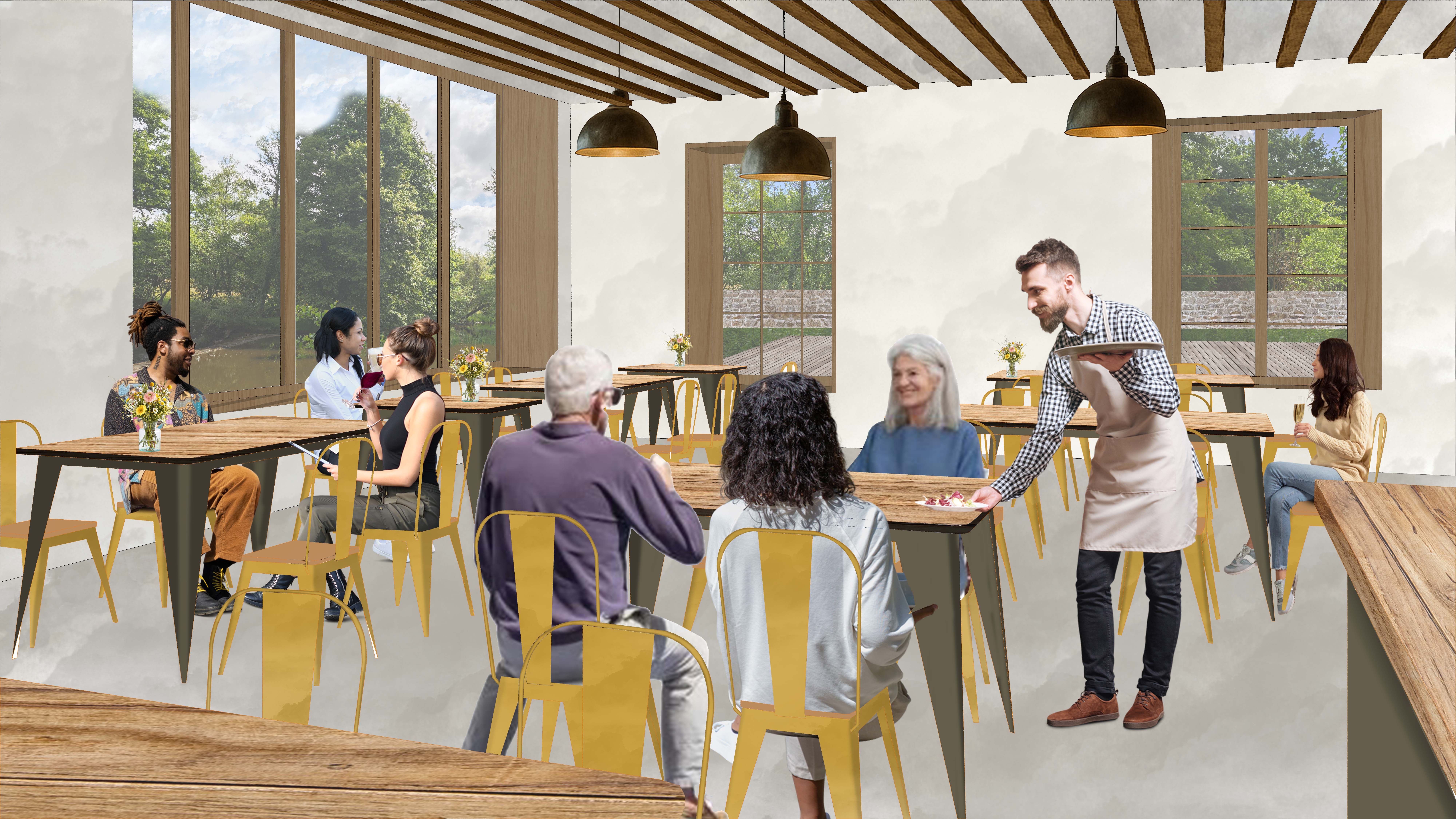 Vue projet de la salle de restaurant dans la Filature / Jeanne Garcia - Réhabiliter un site rural en Limousin Tourisme durable, paysage et architecture vernaculaire à Saint-Éloy-les-Tuileries, Saint-Eloy-les-Tuileries, Juin 2025