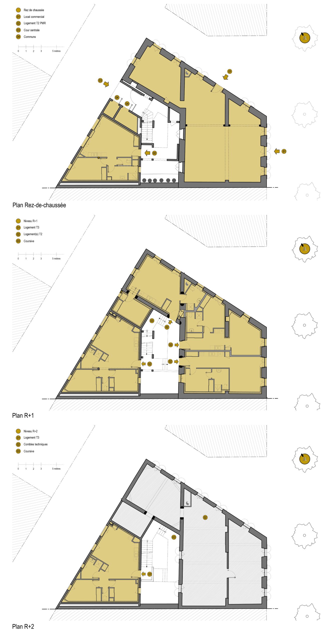 Plans intérieurs par niveau / Atelier LALA Architecture - Résidence Saint-Jean, Lavardac, 2024.