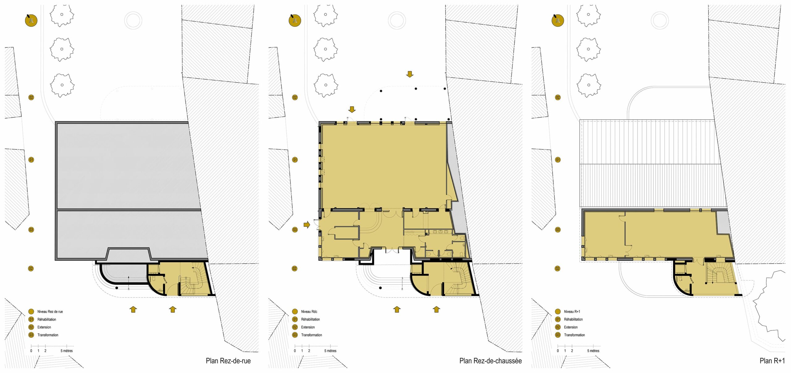 Plans intérieurs par niveau / Atelier LALA Architecture - Foyer rural, Laplume, 2024.