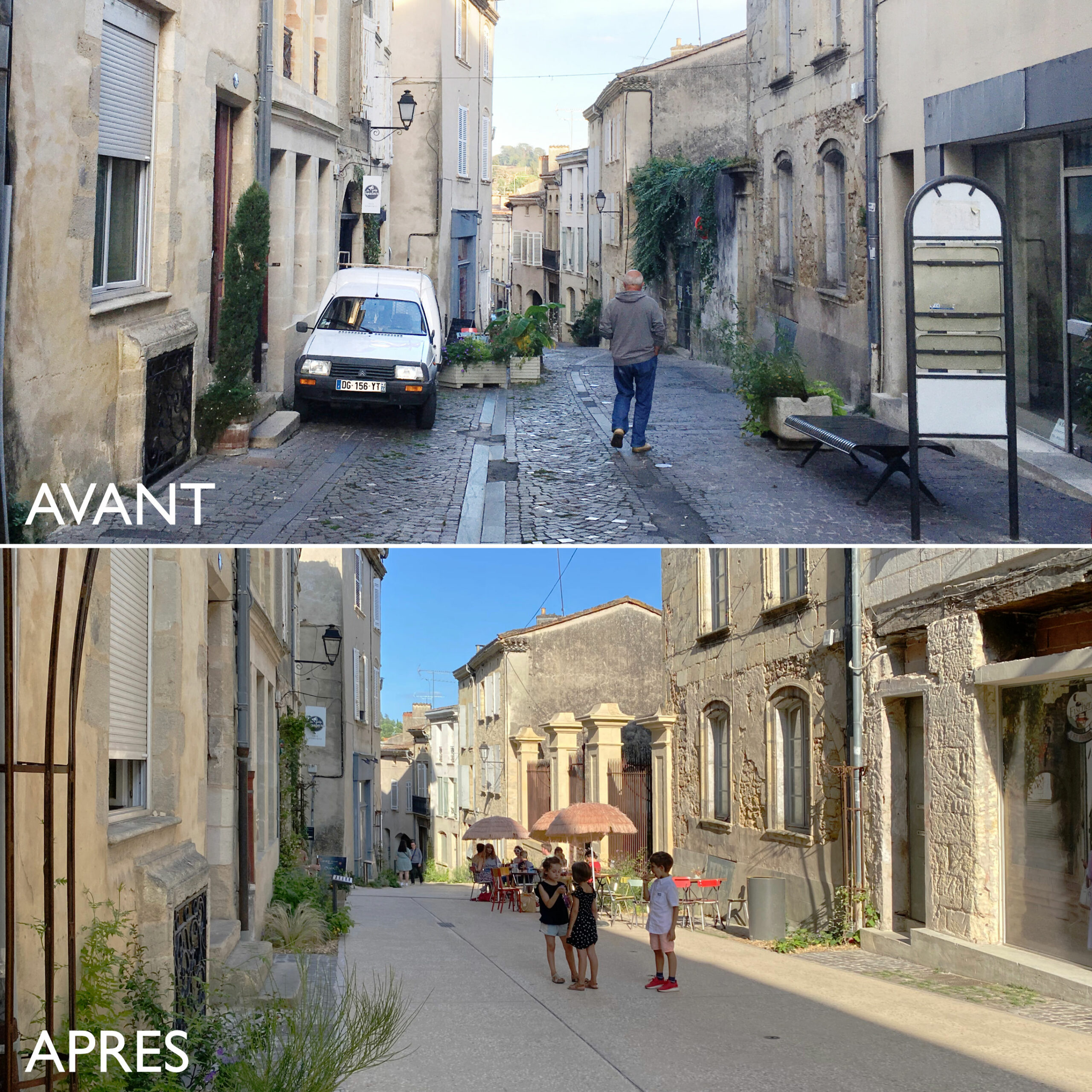 Avant/Après de la rue commerciale de La Réole / MoonwalkLocal-LaReole,2022