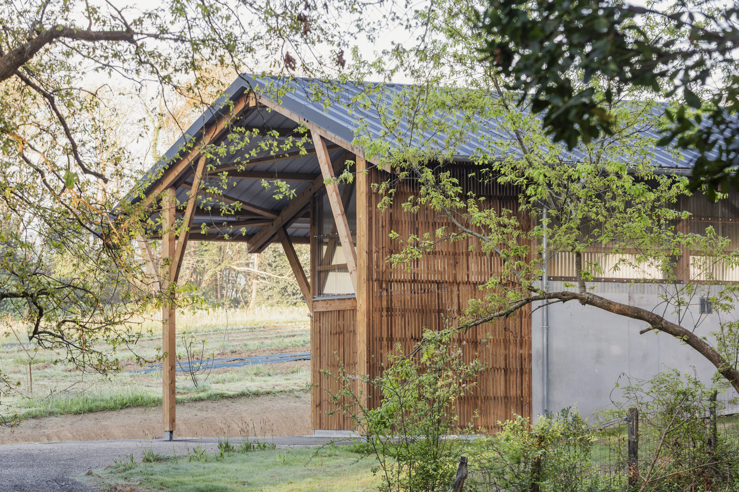 Vue du pignon Est / Photographe Emmy Martens - Architecte 44AVRIL - Hangar agricole Agrizarbel, Bidart, 2025.