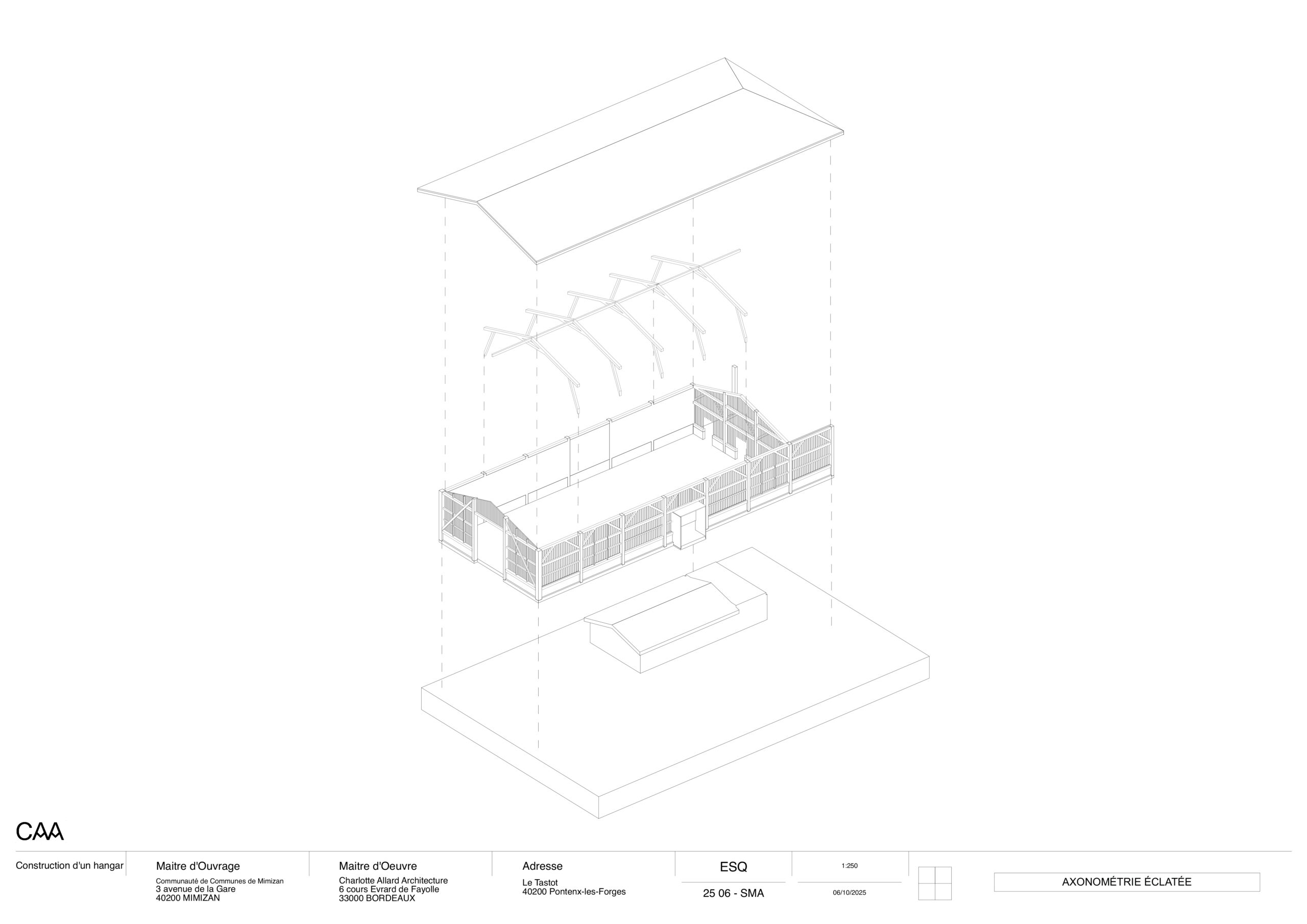 Axonométrie du bâtiment intégrant la grange existante dans le bâtiment. Insérer et réutiliser plutôt que démolir. / CAA