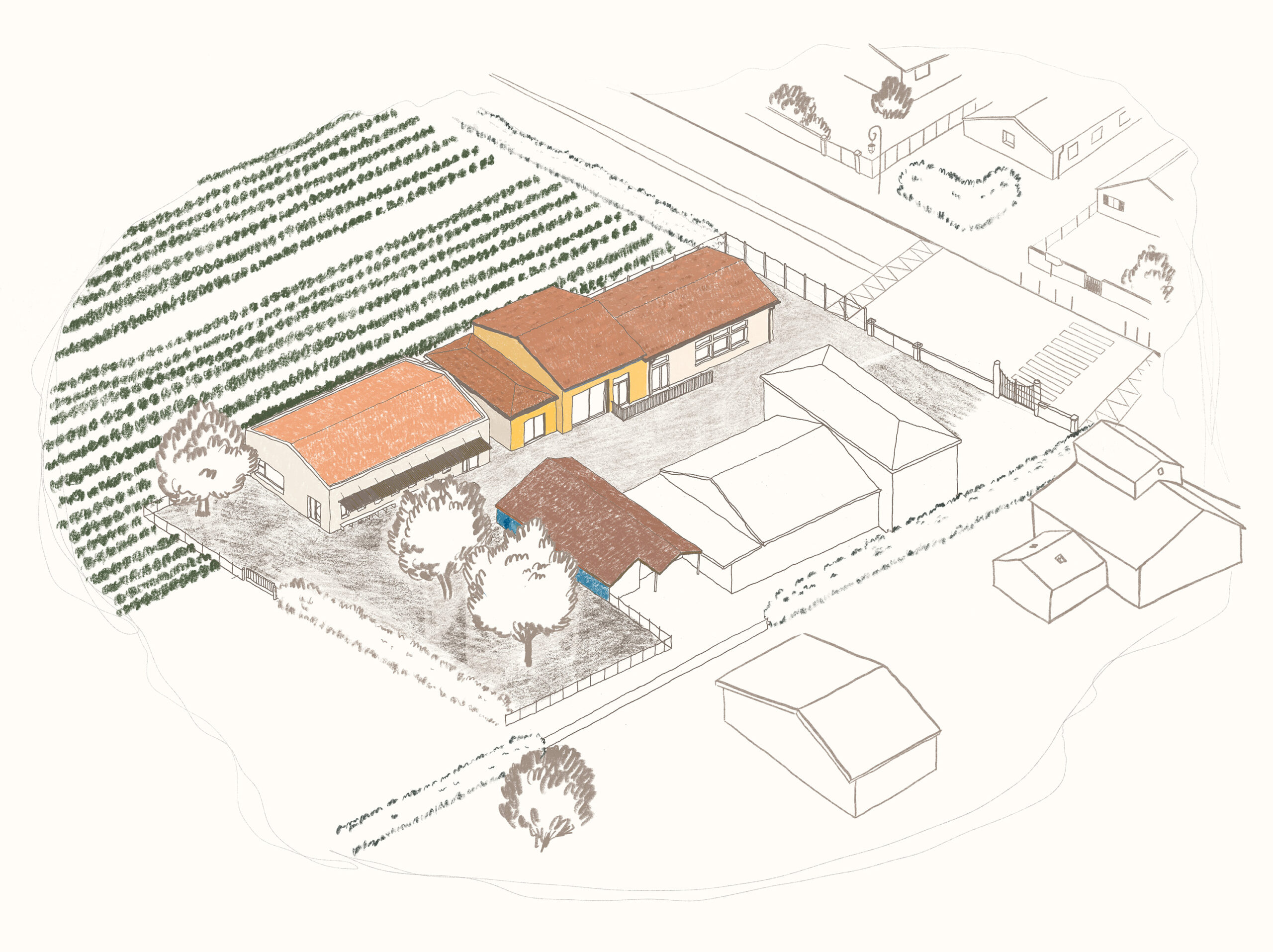 axonométrie du projet dans son contexte / Atelier Sur la Piste - Extension école maternelle, Arcins, 2024