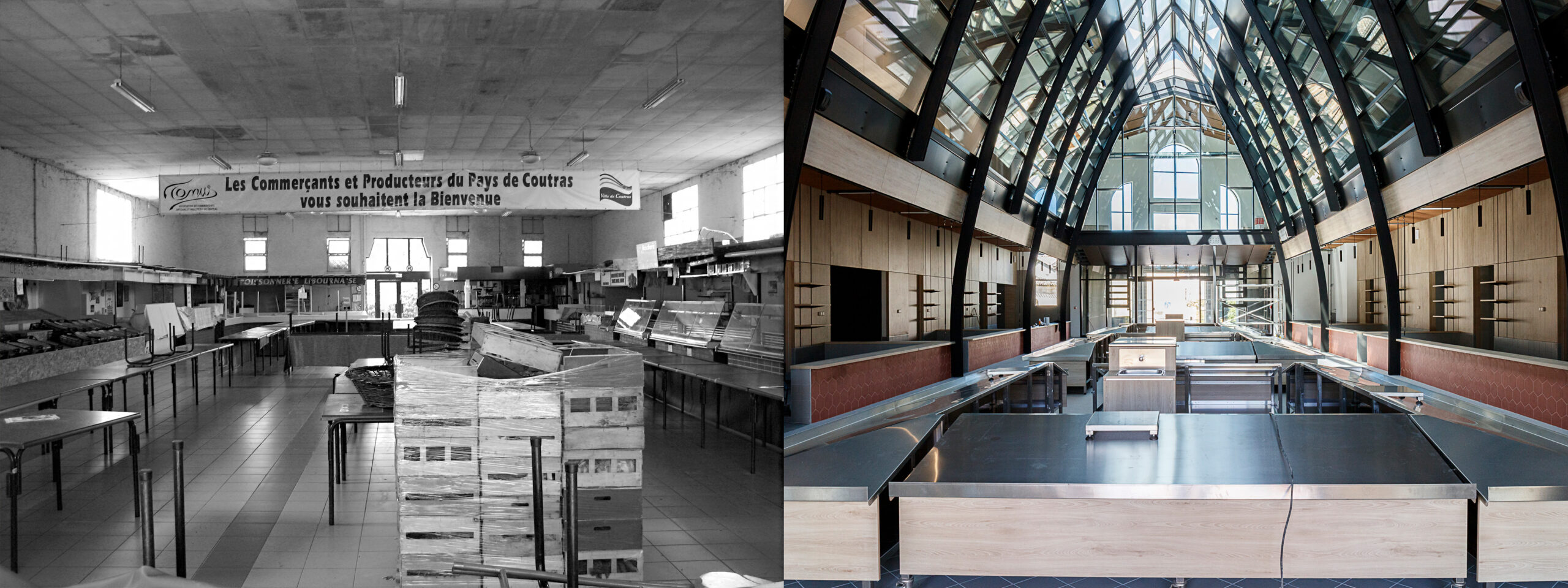 Vue intérieure des halles vers le square du Docteur Berger, avant / après. / Agence Bouriette Vaconsin - Réhabilitation des Halles Justin Luquot, Coutras, 2025.
