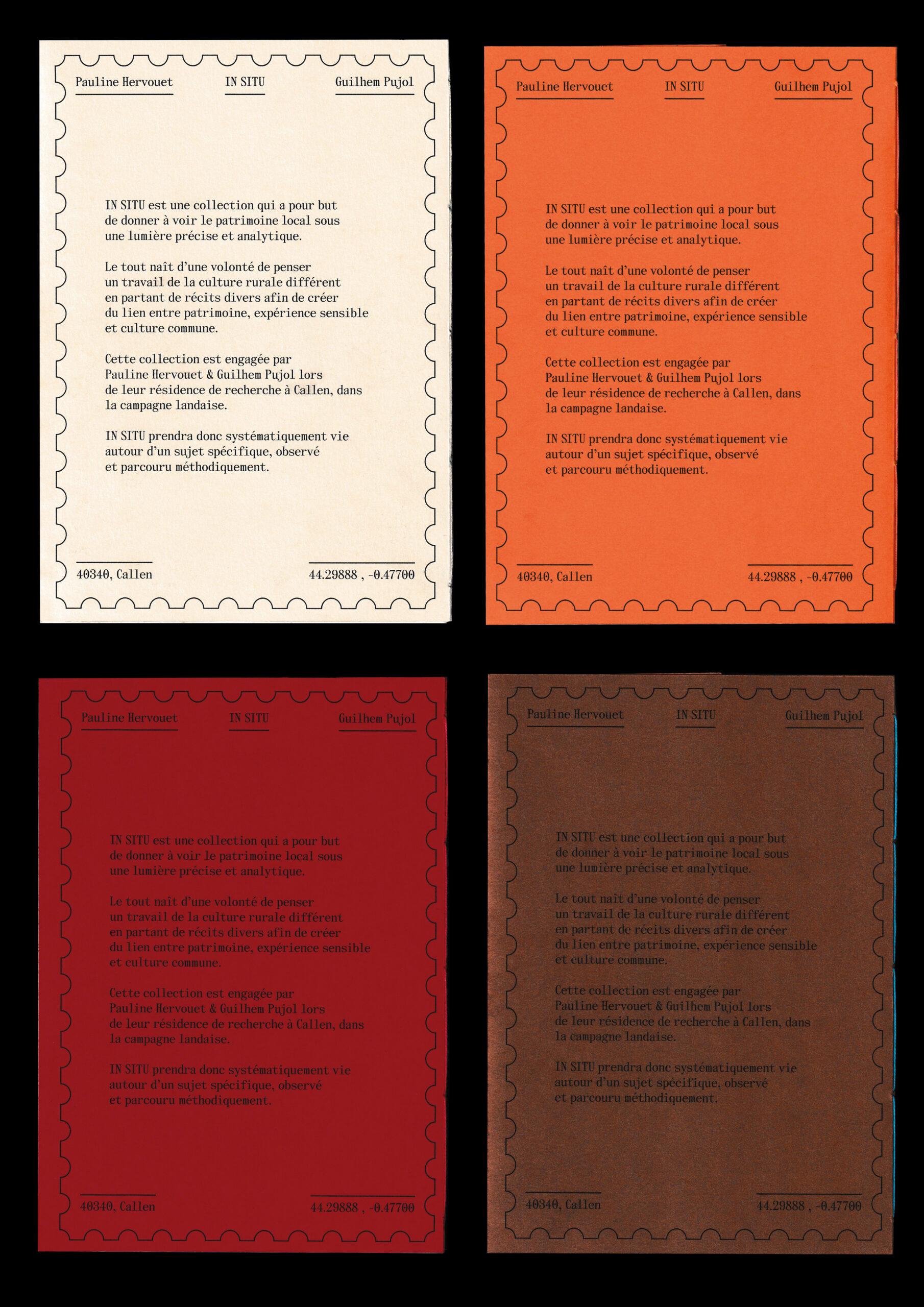 IN SITU : quatrièmes de couverture des quatre numéros / Pauline Hervouet & Guilhem Pujol, Callen, octobre 2025.