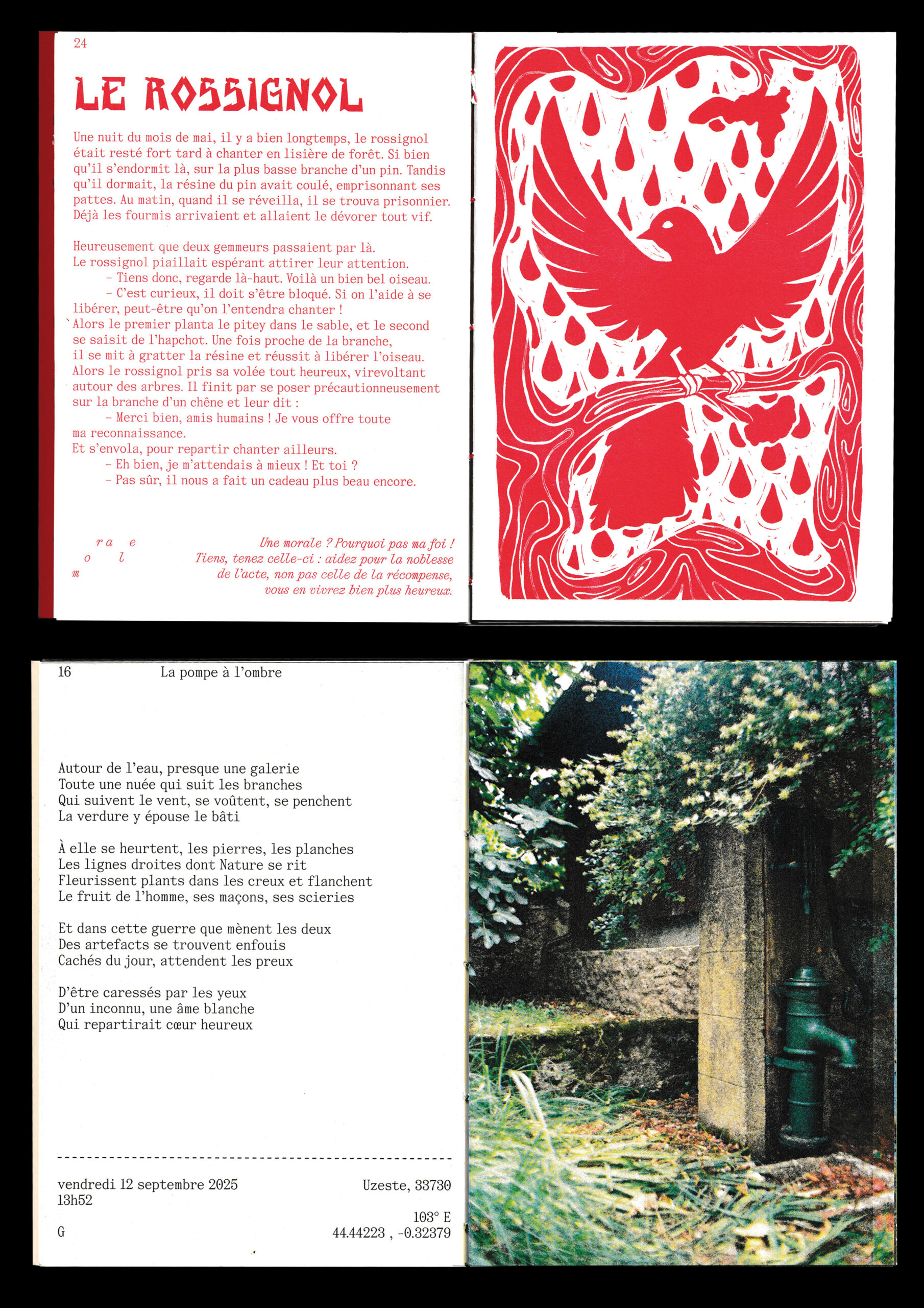 IN SITU numéro 3 Contes chimériques : le rossignol, illustration d'Alice Mourey / IN SITU numéro 1 Juste à côté dans le flou : la pompe à l'ombre / Pauline Hervouet & Guilhem Pujol, Callen, octobre 2025.